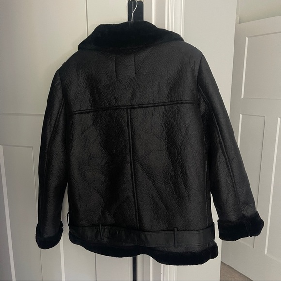 Zara Faux Leather Shearling Buckle Biker Moto Jacket Black Sherpa - Picture 8 of 8